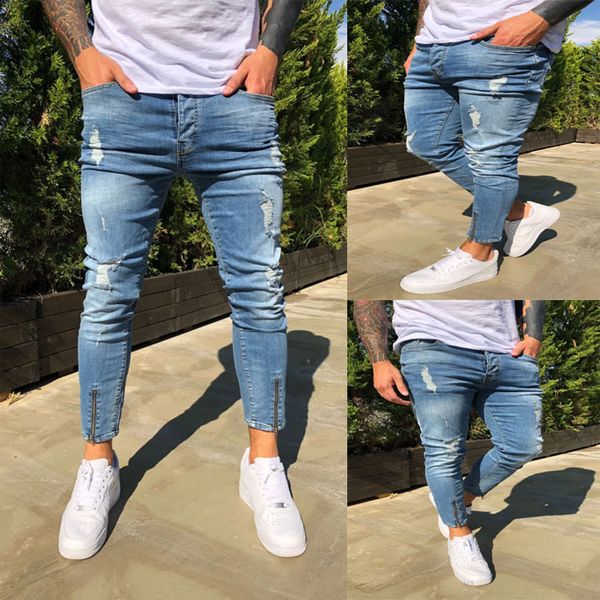 

hirigin fashion zipper designer men jeans men's ripped skinny biker jeans destroyed frayed slim fit denim pants biker jean, Blue
