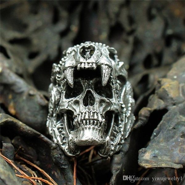 

cool men's boy 316l stainless steel knight ring vintage indian jaguar warrior skull punk jewelry gift for his size 7-14, Silver