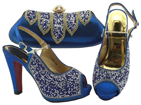 

High quality royal blue women pumps match handbag set with rhinestone african shoes and bag for dress FGT002,heel 12CM