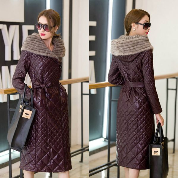 

2020 women winter hooded coats long sleeves leather jacket knee length slim fit heavy fur collar cotton-padded clothes in stock, White