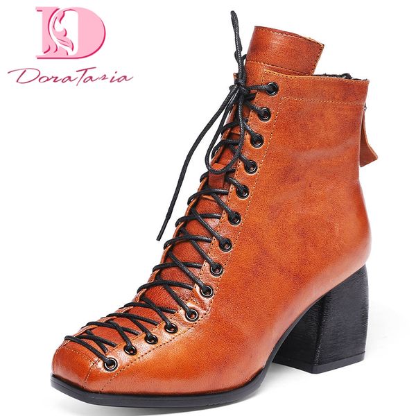 

doratasia 2020 big size 42 design genuine leather fashion shoelaces woman shoes boots women ankle boots female, Black