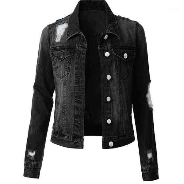 

fashion slim vintage ripped womens denim jackets casual females clothing solid color womens designer denim jackets, Black;brown