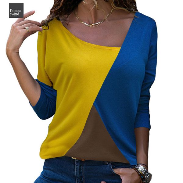 

2019 с длинным рукавом футболка casual сыпучие топы tee shirt femme лоскутная v шеи женский футболки mujer blusas офис, White