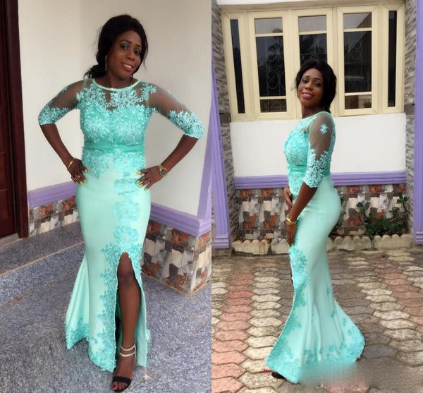 

mermaid prom dresses jewel half sleeve side split appliques illusion beads long formal evening party gowns, Black