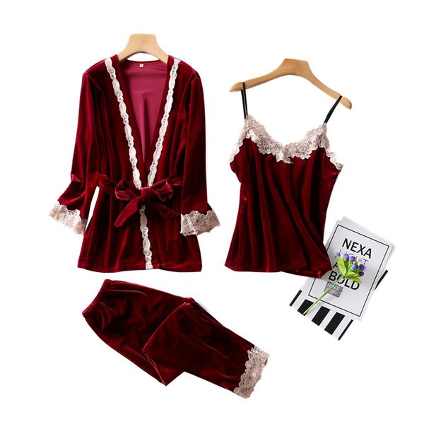 

2019 pajamas women's gold velvet three-piece long-sleeved trousers velvet large size home service clothing, Blue;gray