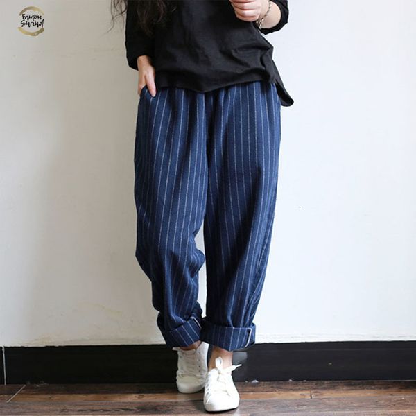 

casual 2019 vintasge women work long harem pants elastic waist pockets striped loose turnip pantalon wide leg trousers, Black;white