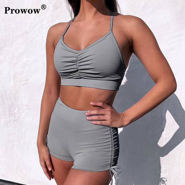 

women fitness 2 piece set summer 2020 halter neck sports bra crop + ruched lace up biker shorts matching sportswear outfits, White