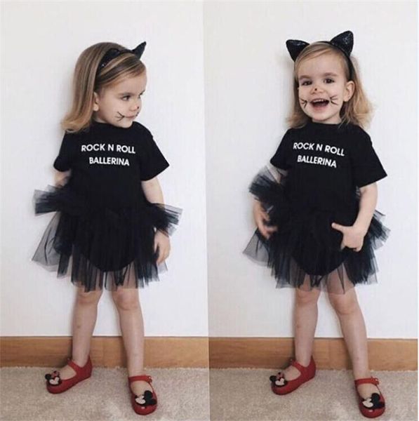 

baby girls ballet dance romper dress short sleeve tutu dress rock n roll ballerina letter print tulle dress black color summer outfits, Red;yellow