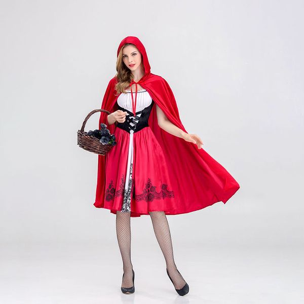 

2018 halloween costumes women fancy dress fairy tales little red riding hood dress women role-playing kawaii uniform with cape, Black;red