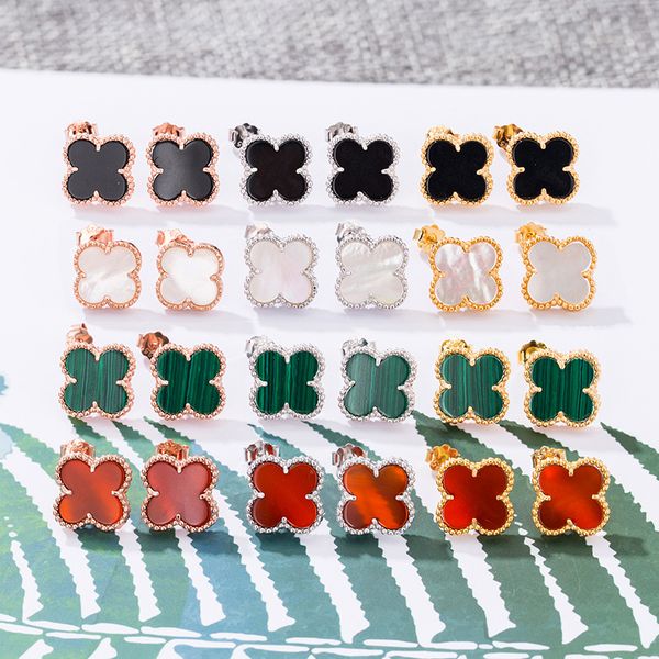

s925 sterling silver earrings stud four leaf clover agate rose gold black red green gemstone studs fashion designer jewelry accessories, Golden;silver