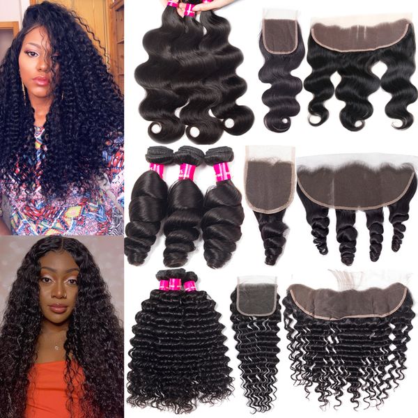 

9a brazilian virgin hair bundles with closure 4x4 lace closure or 13x4 ear to ear lace frontal human hair bundles with closure hair weave, Black;brown