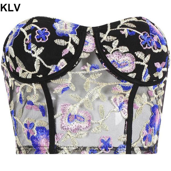 

women sleeveless strapless tube embroidered print slim bralette wrapped chest bandeau bra blouse, White