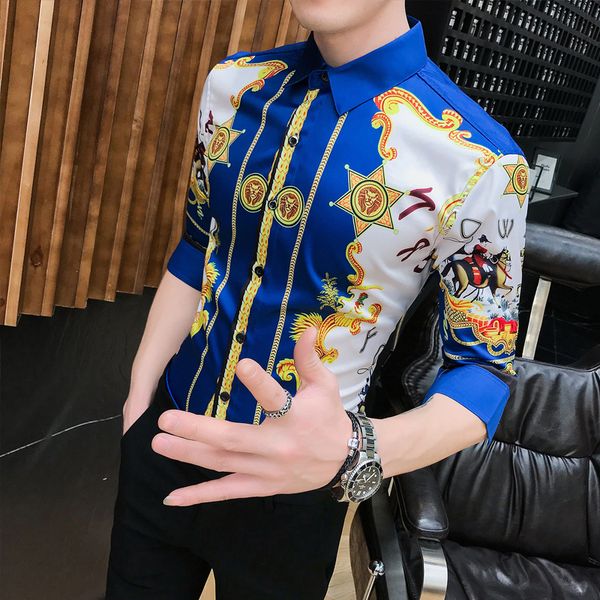 

fashion summer slim fit dress shirts male half sleeve print hairstylist work shirt man new pattern tuxedo shirt men, White;black