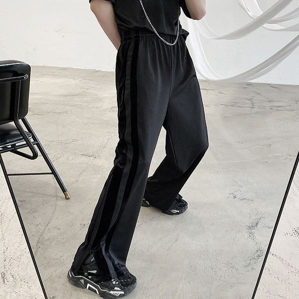 

male side stripe zipper slit loose long trousers joggers sweatpants pant men women vintage casual straight pants, Black
