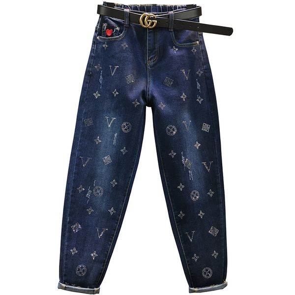 

rhinestone jeans women 2020 spring new fashion loose high waist harlan pants plus size 27-32, Blue