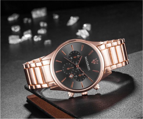 

mens luxe watches famous stainless steel quartz movement blue dial men's watch with calendar men wristwatches 14, Slivery;brown