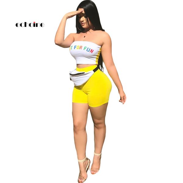 

echoine 2 piece set women sport suit strapless letter print patchwork crop sleeveless elastic tight short pant outfits, White