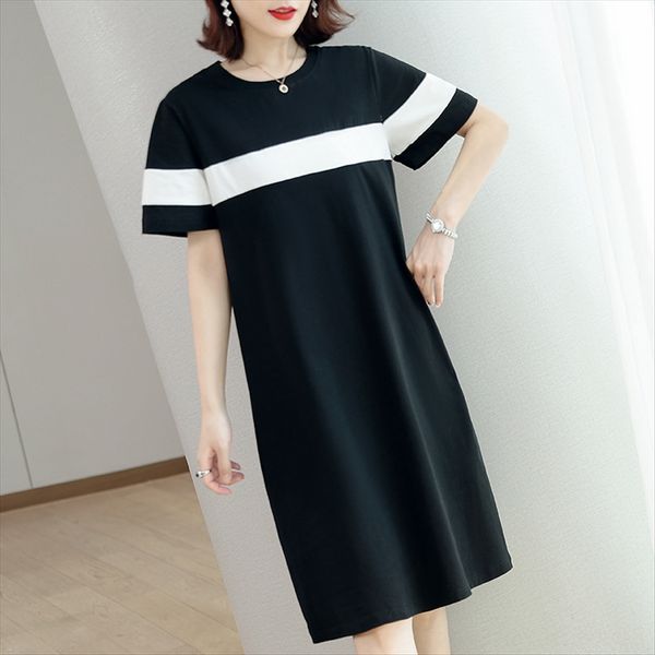 

medium and long t-shirt skirt women's short sleeve 2020 loose slim knee casual straight cotton t-shirt dress dress, White