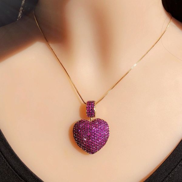 

luxury big heart shape pendant necklace micro paved multicolor zirconia gold color chain choker statement necklace women jewelry, Silver
