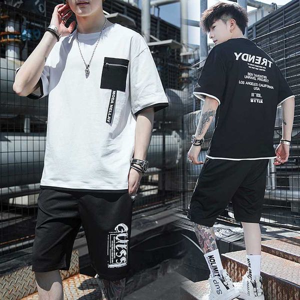 

2020 streetwear 2pcs set men short-sleeved shorts two-piece suit male summer student youth hip hop sports style, Gray