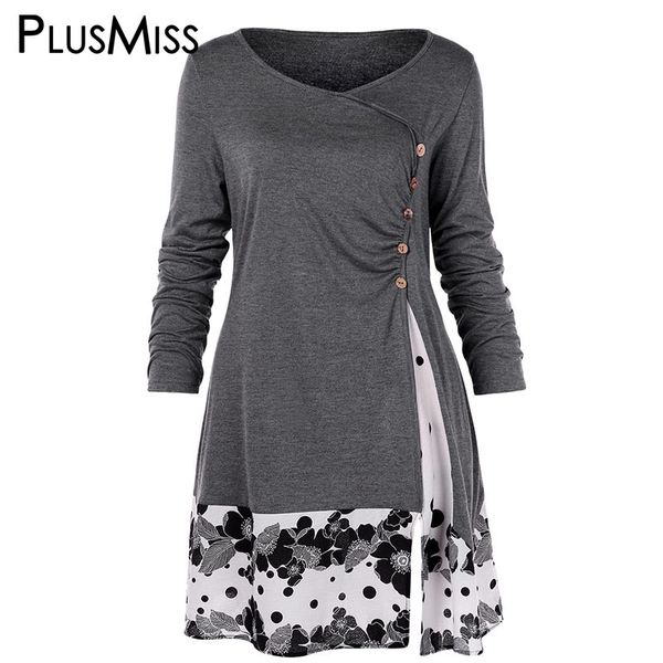 

plusmiss plus size 5xl draped floral printed long tunic t shirts women autumn 2019 long sleeve tees big size xxxxl xxxl xxl, White