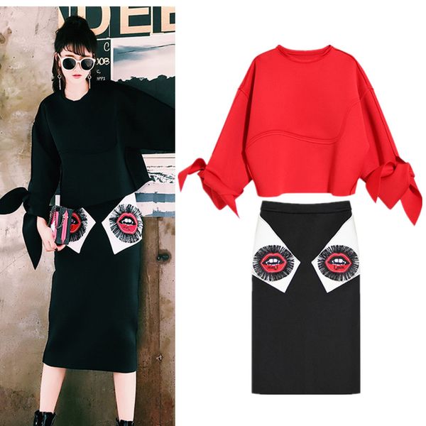 

2017 spring fall 2 piece women streetwear models big bows loose casual blouses + mouth tassels stretched skirt suit ns74, White;black