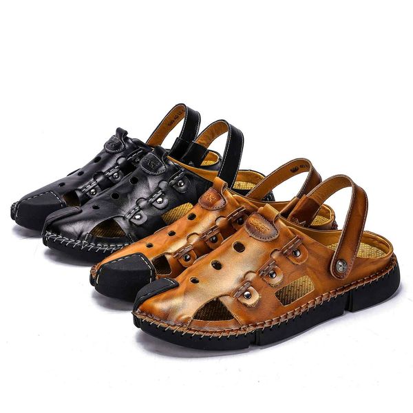 

genuine leather designer flip flops european brand designer sandals men summer sandals anti-slipping outdoor slippers, Black