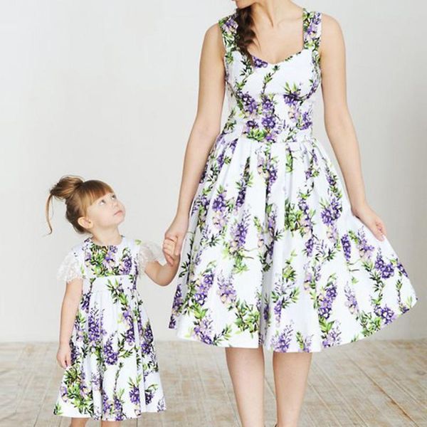 

matching mother daughter clothes summer flower print sleeveless dress mom girl family matching outfits clothing vestidos, Blue