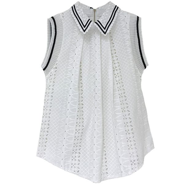 

deat] 2020 new summer fashion hollow out lapel collar striped pleated sleeveless vintage elegant blouse women's clothing ar816, White