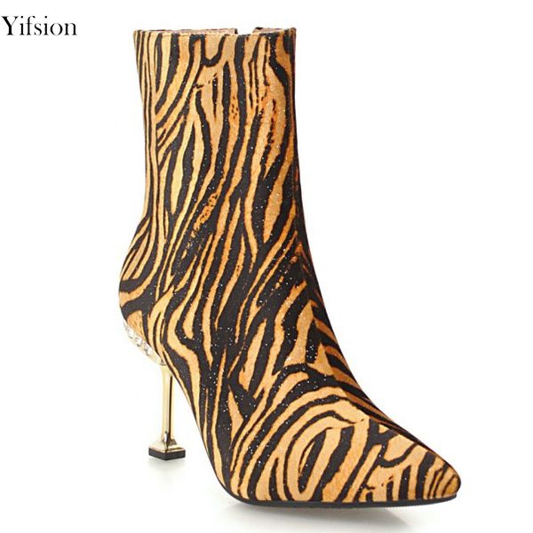 

yifsion winter women boots stiletto high heel mid-calf boots pointed toe leopard red black party shoes women us size 3-10.5