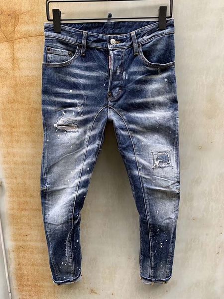 

19ss autumn new jeans men's slim light blue stitching grinding rotten hole horseshoe hole small feet casual tide