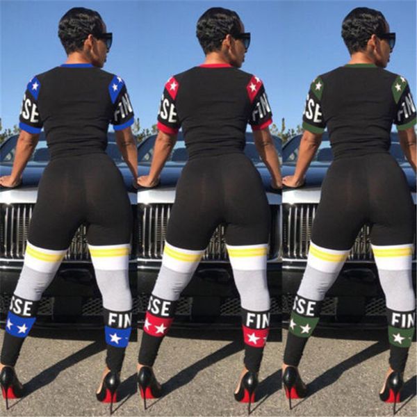 

new2018 women's fitness two-piece suit club relaxation printing short sleeve jumpsuit wear, White