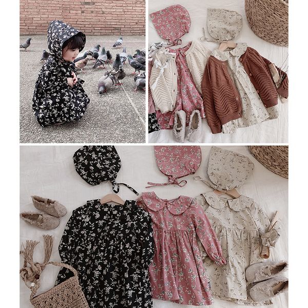 

spring 2019 girls vintage pastel floral dress + lace hat spring outing dress for children baby long sleeve princess dresses sets t200107, Red;yellow