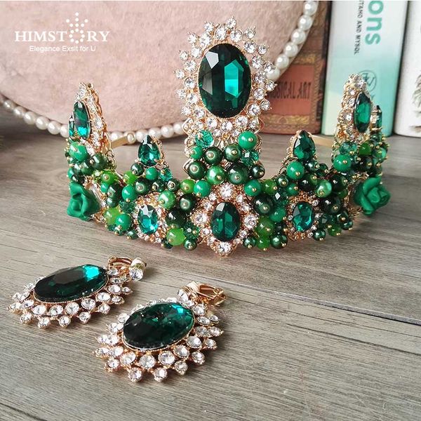 

himstory handmade european baroque vintage green crystal rhinestone bridal tiaras crowns woman pearl wedding hair accessories, Golden;white