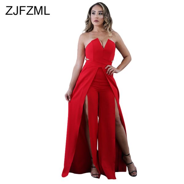 

2020 spring hollow out fashion jumpsuit women v neck off the shoulder rear zipper romper split high waist wide leg playsuit, Black;white