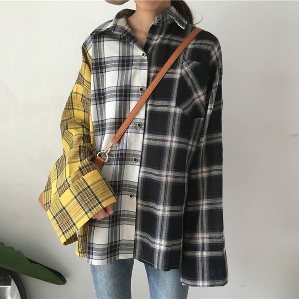 

women's blouses & shirts plaid shirt women cotton patchwork long sleeve casual blouse korean fashion clothing spring autumn womens and, White