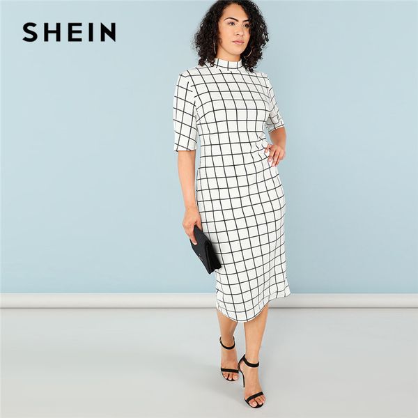 

shein elegant plaid bodycon plus size long pencil dresses womens 2018 office lady stand collar grid print slim fit dress, Black;gray