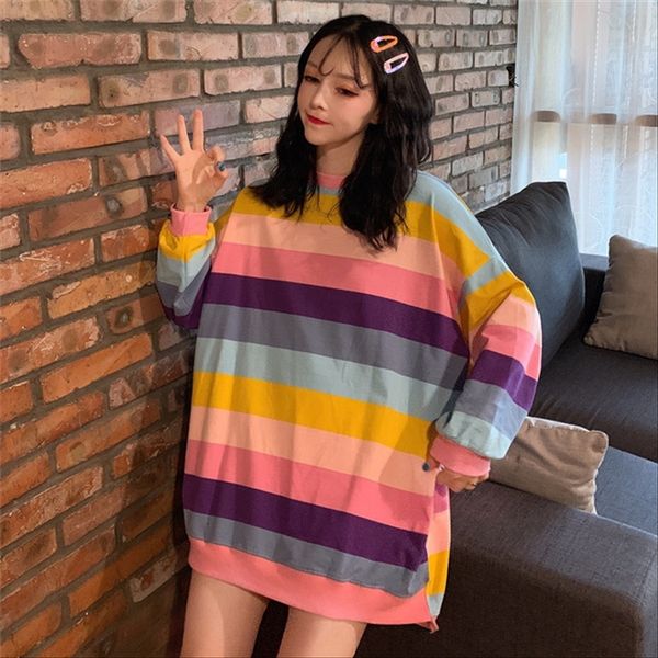 

2019 сезон ulzzang harajuku ветер радуги полоса длинный рукав tee основа рубашки тонких женщин свитер свитер моды, White