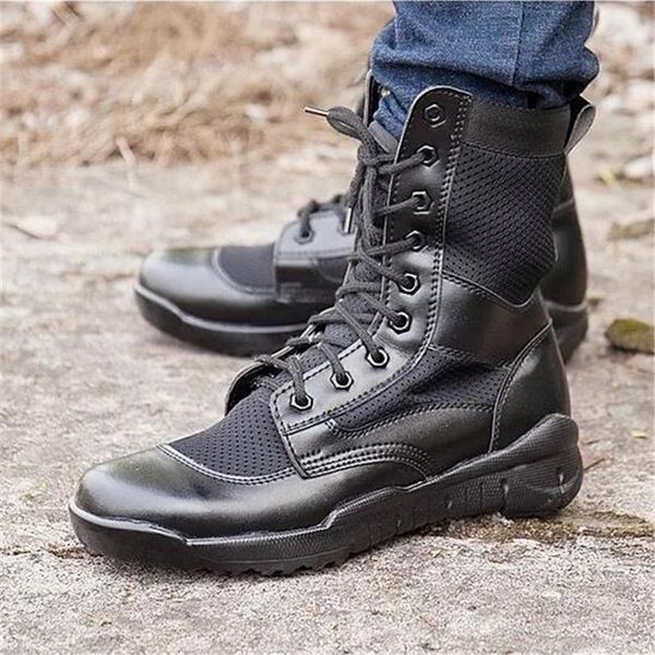 

black military boots men mesh combat boots summer lightweight breathable lace up high army shoes men botas militare hombre