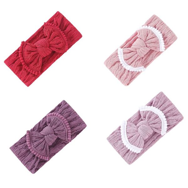 

baby girls thickened nylon wide headband big bowknot pompom ball hairband jacquard braided crochet solid color bandana, Slivery;white