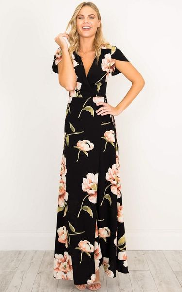 

split floral print womens summer designer dresses v neck short sleeve floor length female clothing fshion casual apparel, Black;gray