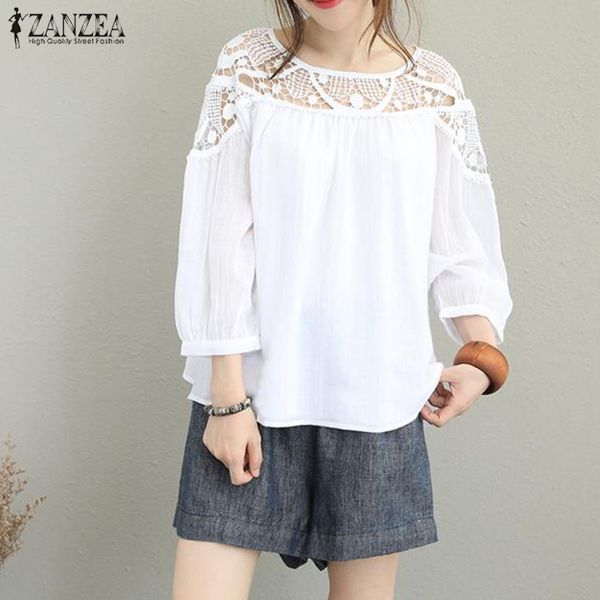 

2019 zanzea women casual solid o neck baggy shirt spring long sleeve loose blouse vintage crochet lace work chic blusas, White