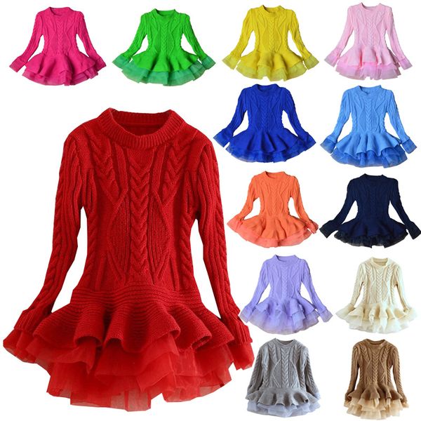 

retail 13 colors kids designer clothes girls organza knitted sweater princess dress autumn winter luxury christmas party boutique dresses, Red;yellow