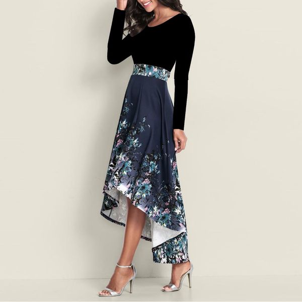 

2020 new elegant dress women's fashion autumn dress long sleeved round neck stitching irregular hem print 4 colors hot, Black;gray