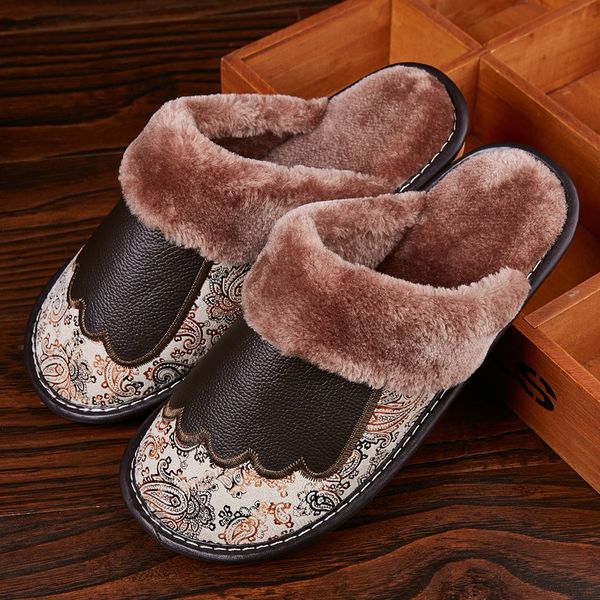 

coslony fashion warm cowhide natural fur slippers men home shoes winter genuine leather slippers plus size indoor shoes couple, Black