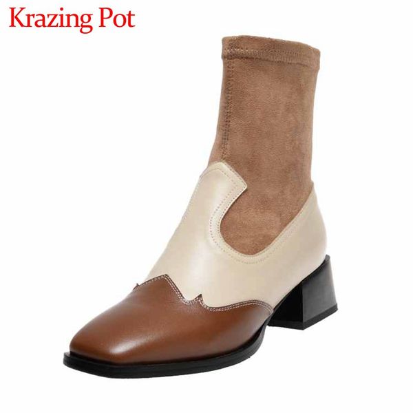 

krazing pot mixed colors cow leather stretch flock boots square toe med heels winter keep warm women daily wear ankle boots l4f1, Black