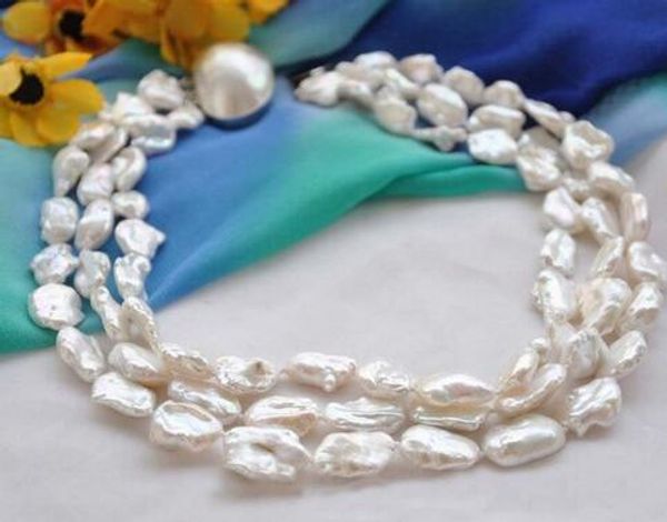 

3strands 19mm baroque white keshi reborn pearl necklace mabe clasp, Silver