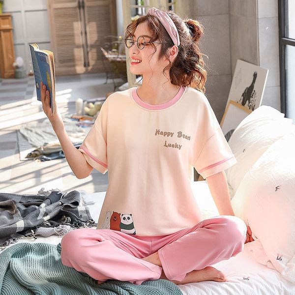 

pajamas cartoon pyjamas women pijama mujer invierno home clothing large size pink Printed short-sleeved T-shirt trousers 2pcs