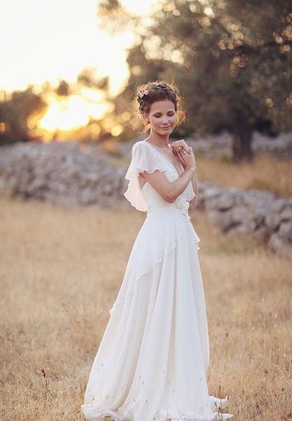 Bohem Hippi Stili plaj Gelinlik 2019 A hattı kelebek kol Gelinlik Backless Beyaz Dantel şifon Boho vestido de Noiva