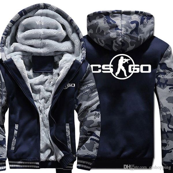 

csgo hoodie camouflage coat cardigan coat winter thicken fleece cotton coat cashmere hoodie zipper jacket warm sweatshirt us eu size, Blue;black